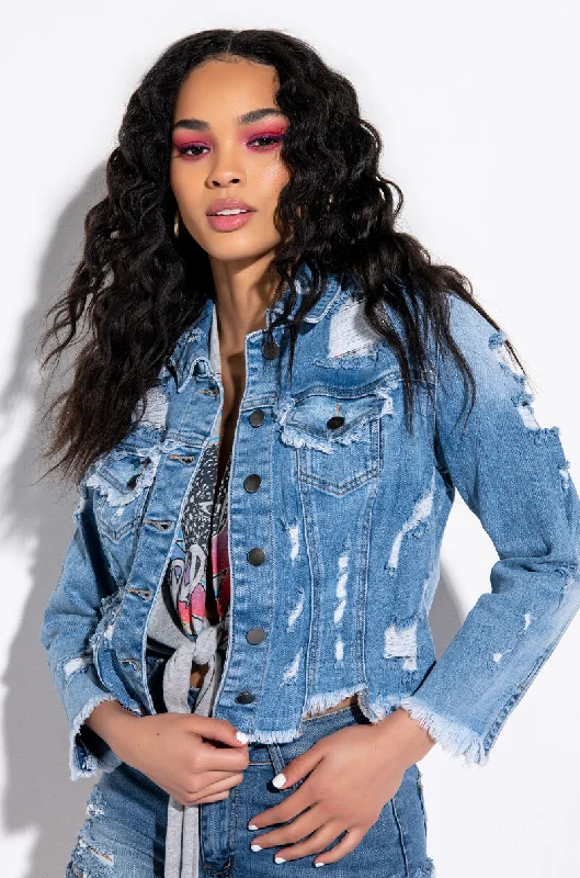 SAY MY NAME DISTRESSED CROPPED DENIM JACKET