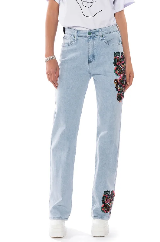 HIDDEN FACES EMBROIDERY DETAILED STRAIGHT LEG JEANS