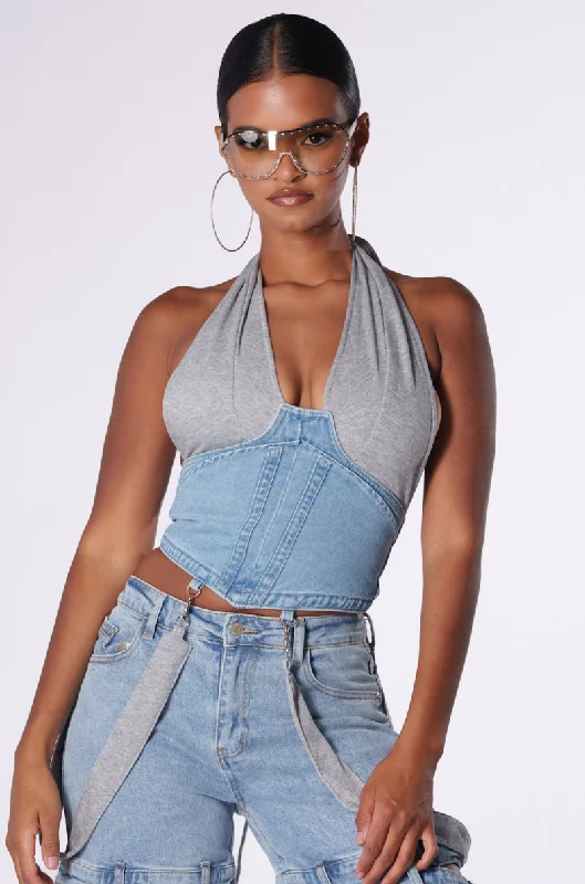 HOLLABACK GIRL HALTER NECK DENIM CORSET