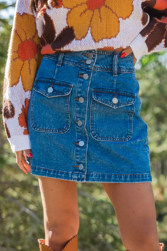 Looking Back Medium Wash Button Front Denim Mini Skirt