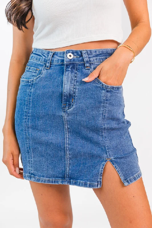 Somewhere Out There Medium Wash Side Slit Denim Skirt