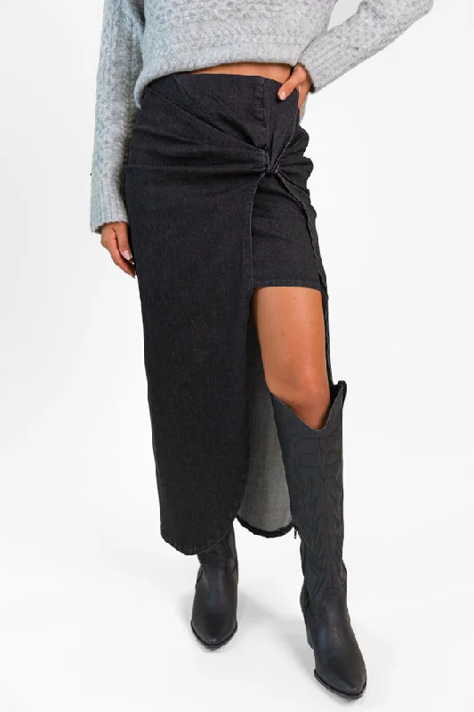 Unexpected Turn Black Denim Twist Front Midi Skirt