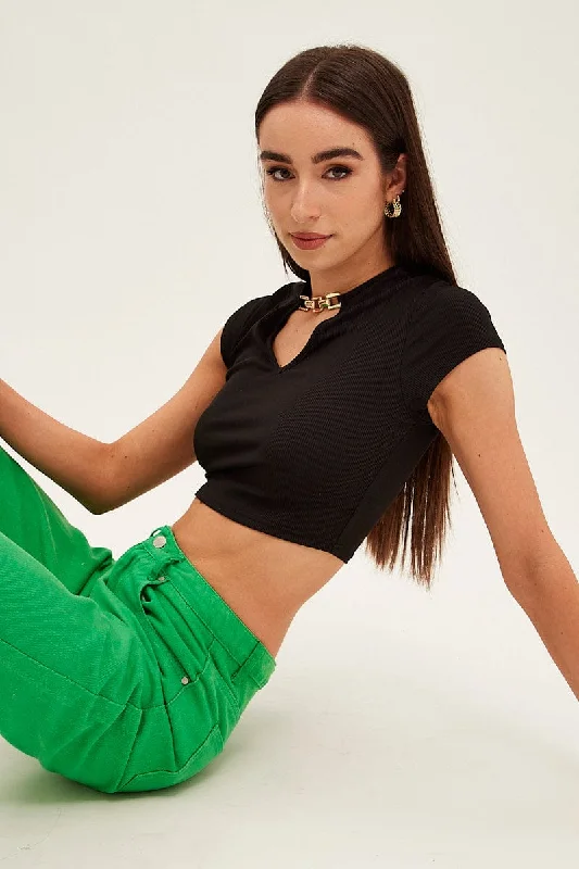 Black Crop Top Short Sleeve Notched Neck Chain Detail