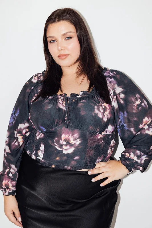 Black Floral Crop Top Long Sleeve Shirred Waist