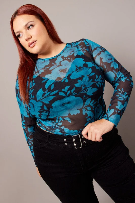 Black Floral Floral Mesh Top Long Sleeve Crew Neck