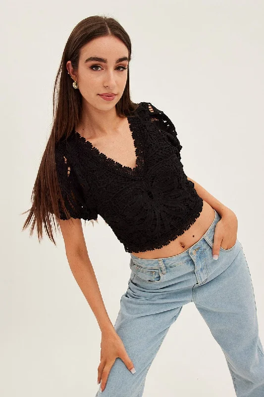 Black Lace Top Short Sleeve V Neck Crop