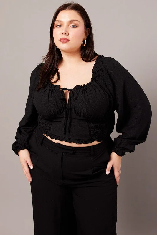 Black Ruched Crop Top Long Sleeve