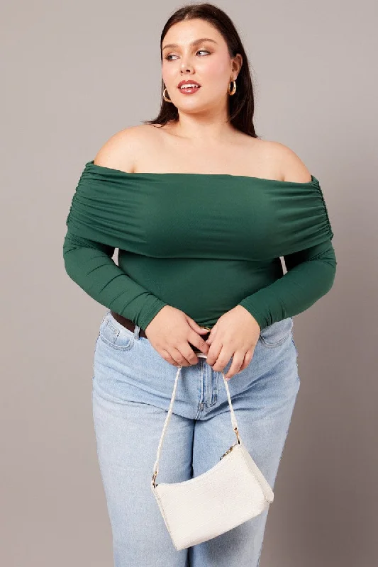 Green Off Shoulder Top Long Sleeve Supersoft