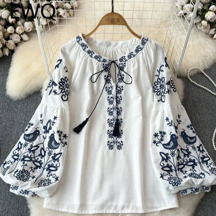 Women's Fashion Designer Lace-up Collar Lantern Long-Sleeve Tops