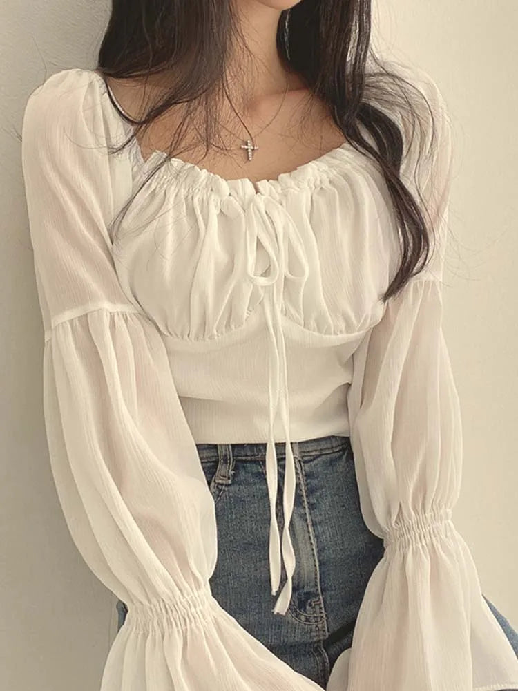 Women's Drawstring Fashion Designer Blouse Lantern  Long-Sleeve Tops