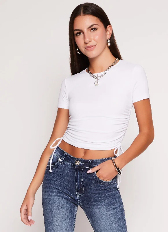 Solid Crew Neck Ruched Side Crop Top