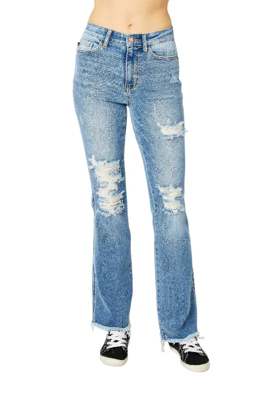 Women's Frayed Hem High Rise Bootcut Jeans In Blue