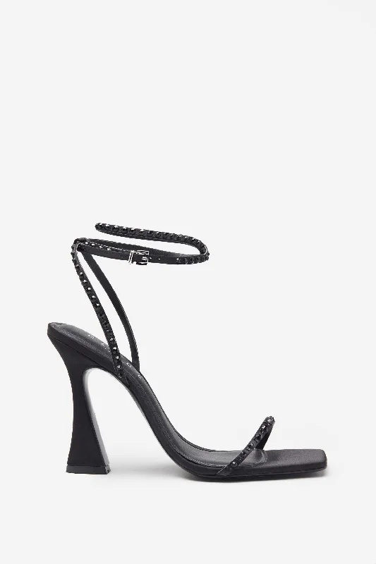 Nostalgia | Black Satin Heeled Sandals With Diamante Straps