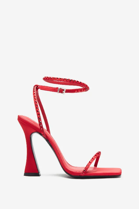 Nostalgia | Bright Red Satin Heeled Sandals With Diamante Straps