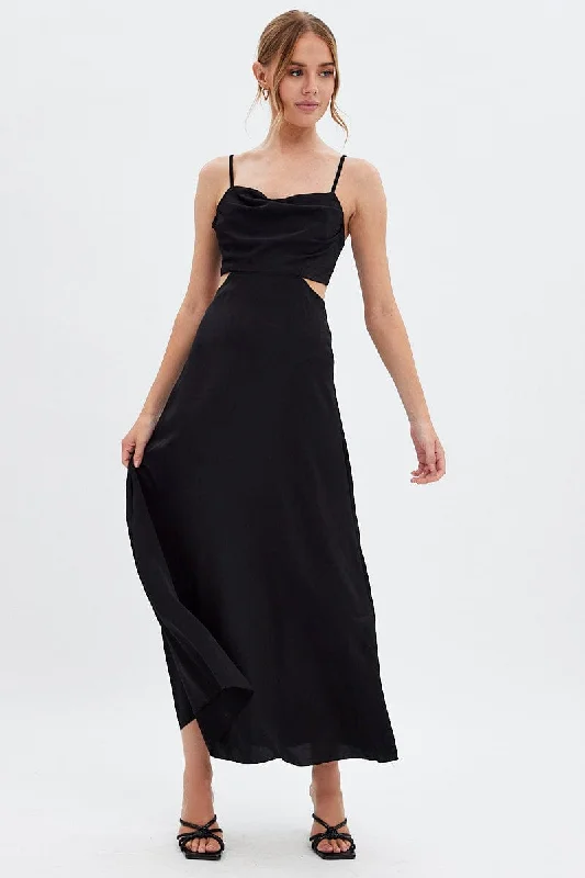 Black Midi Dress Evening Cowl Neck