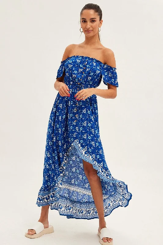 Blue Boho Midi Dress Short Sleeve Ruffle