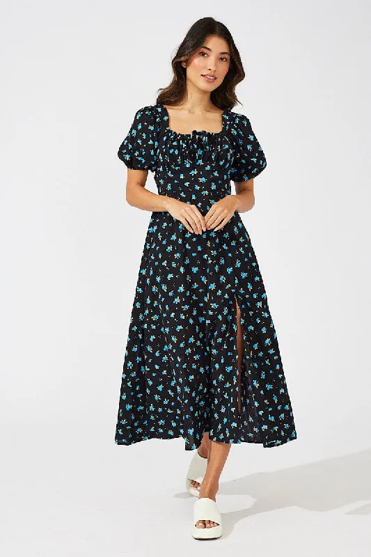 Blue Floral Midi Dress Puff Sleeve Midi