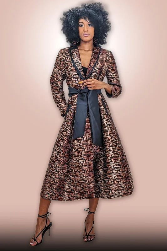 Long Sleeve Collared Wrap Belt Tiger Print Midi Dress