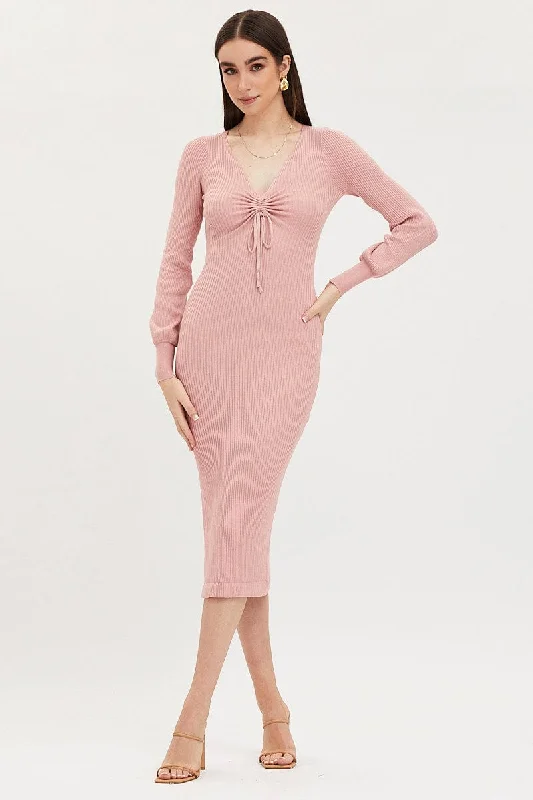 Pink Knit Dress Evening Midi