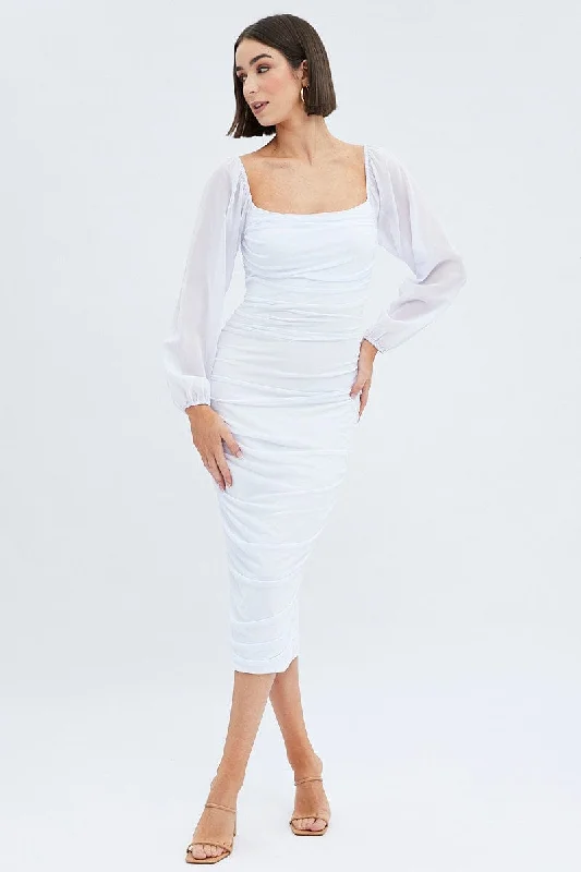 White Midi Dress Long Sleeve Square Neck Ruched Bodycon