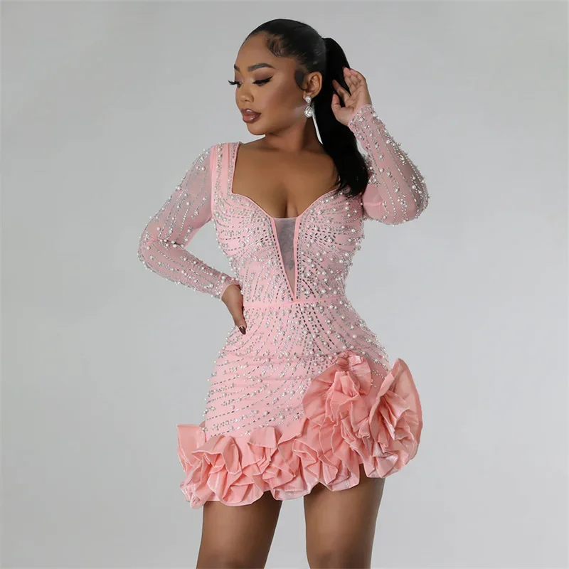 New Women Mesh Sleeve Bodycon Sexy Diamonds Birthday Party Dress Tierred Ruffles Rhinestone Pearls Night Club Dress Pink