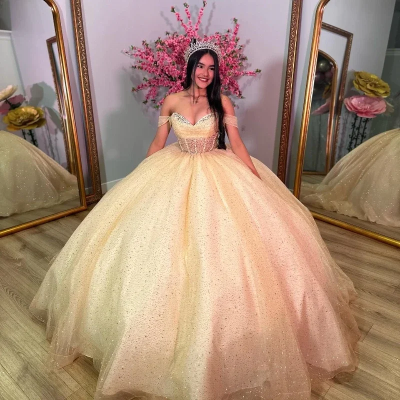 Champagne Shiny Quinceanera Dress Straps Off Shoulder Sweet 16 Years Gowns Birthday Party Princess Puffy Ball Gown Formal Vestid