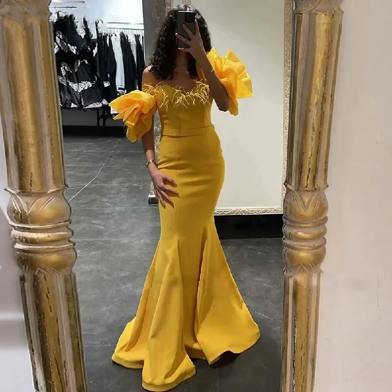 New Yellow Simple Evening Dresses Sweetheart Belt Feathers Party Prom Gowns Elegant Off Shoulder Backless