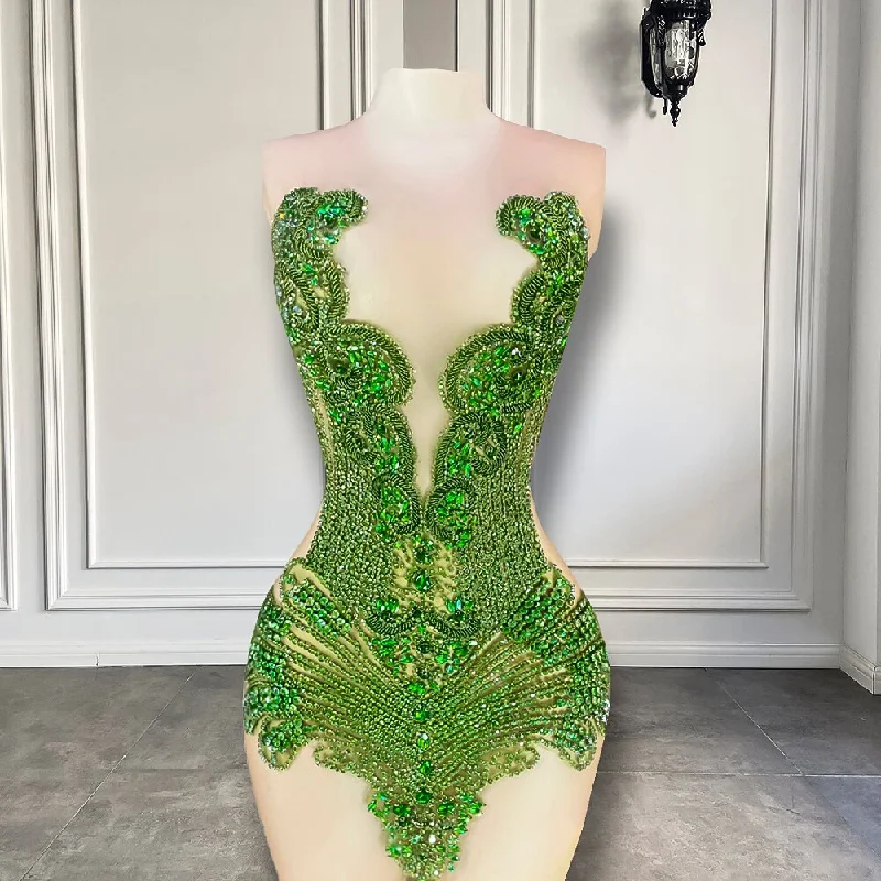 New Sexy See Through Women Birthday Party Formal Gowns Luxury Sparkly Olive Green Diamond Black Girls Short Prom Dresses