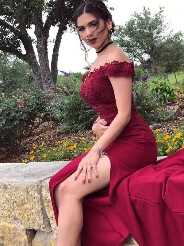 Off Shoulder Mermaid Burgundy Lace Long Prom Dresses with High Slit, Mermaid Burgundy Formal Dresses, Burgundy Lace Evening Dresses