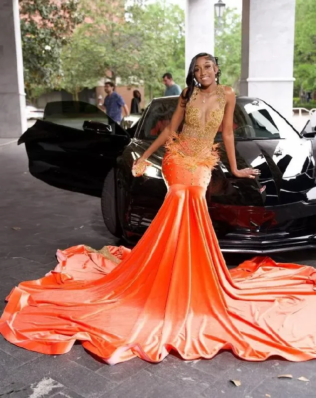 Orange Luxury Long Mermaid Prom Dresses for Women 2024 Sparkly Diamond Velvet African Black Girl Evening Gala Gown