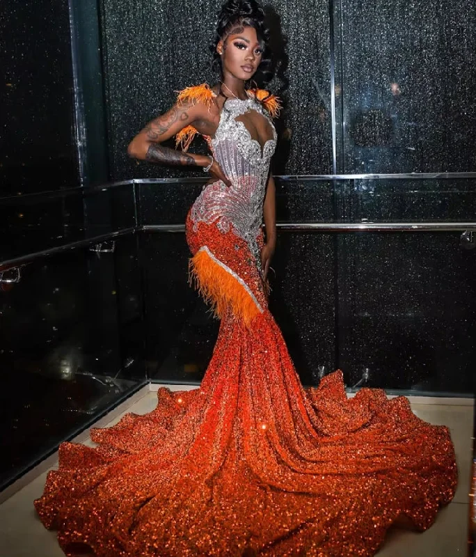 Orange Mermaid Prom Dress Sequins Crystal Rhinestones Beading Elegant Evening Gown 2024 Luxury Birthday Dress Feather