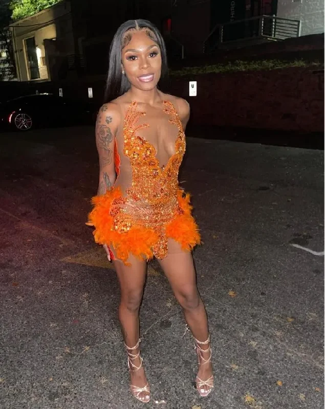 Orange Sparkly Short Prom Homecoming Dresses for Black Girl 2024 Sheer Mesh Luxury Diamond Feather Evening Birthday Gala Gown