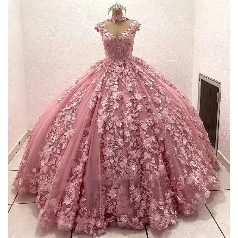 Pink 3D Flowers Quinceanera Dresses Luxury Pearls Beading Appliques Vestidos De 15 Anos Birthday Party Princess