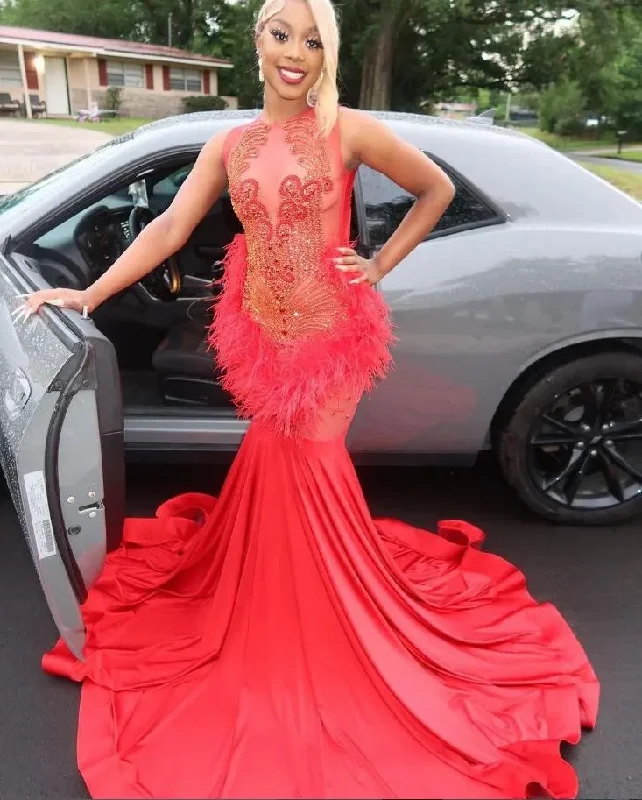 Red African Sparkly Trumpet Evening Pageant Dresses for Women Luxury Diamond Feather Black Girl Prom Celebrity Gown