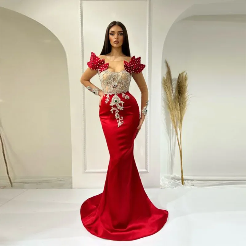 Saudi Arabia Red Mermaid Evening Gowns Sexy See Through Lace Appliques Beads Long Sleeves Prom Dresses Women Formal Party Dress