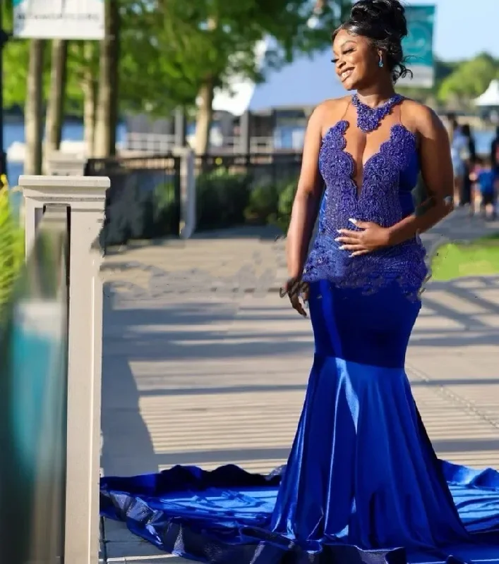 Sexy Royal Blue Velvet Vestidos De Gala Mermaid Prom Dresses For Black Girls 2024 Crystal Robe De Soiree Evening Birthday Party