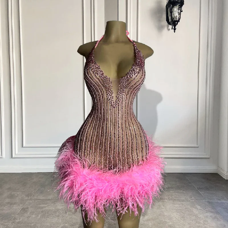 Sexy See Through Women Formal Birthday Party Gowns Halter Handmade Beaded Pink Feather Black Girls Short Prom Dresses