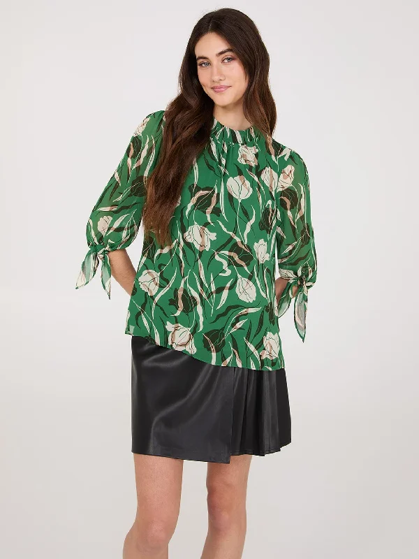 Floral Print Chiffon Mock Neck Blouse