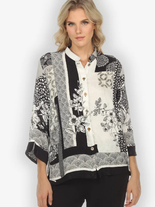 Black White Blossom Citron Style Silk Blouse