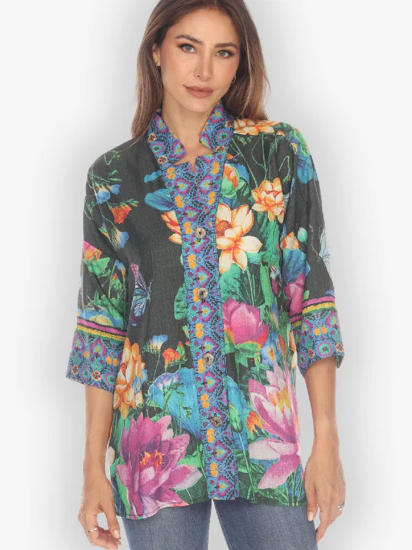 Botanical Butterfly Black Notch Collar Shirt