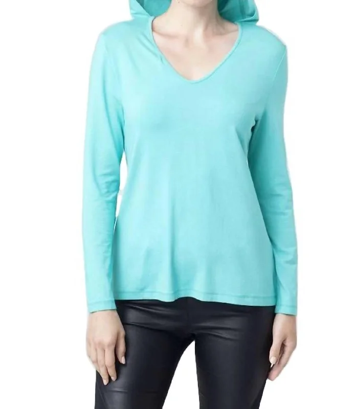 Hooded V-Neck Top In Mint