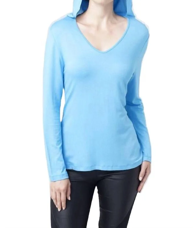 Hooded V-Neck Top In Turquoise