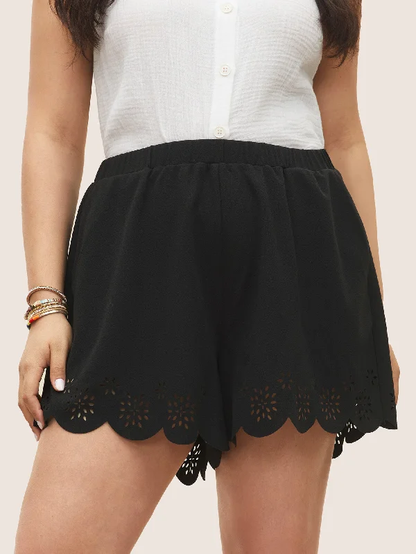 Laser Cut Elastic Waist Scalloped Trim Shorts