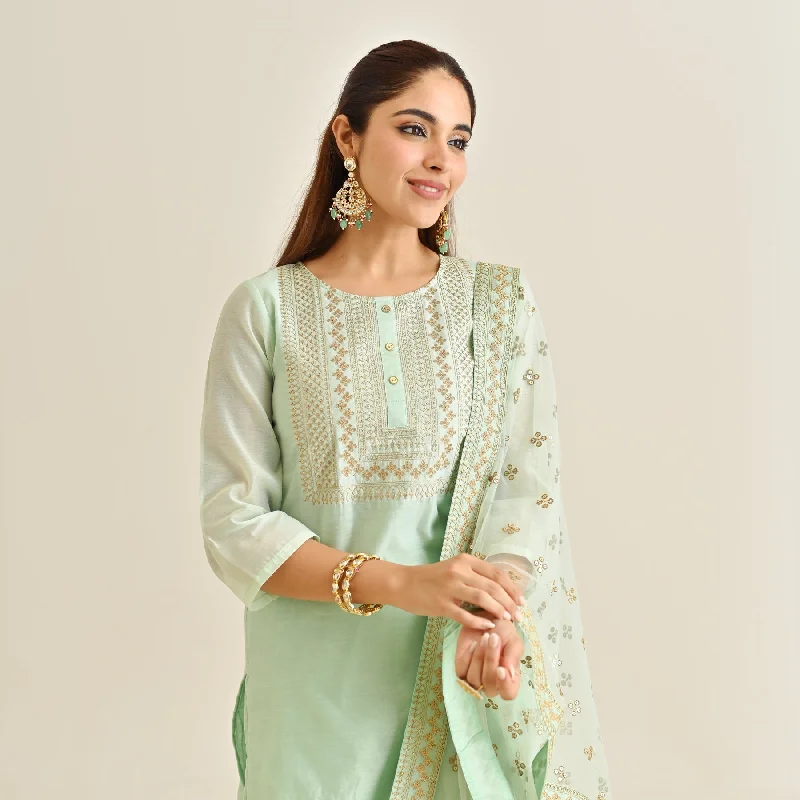 Mint Festive Embroidered Kurta Set with Embroidered Dupatta