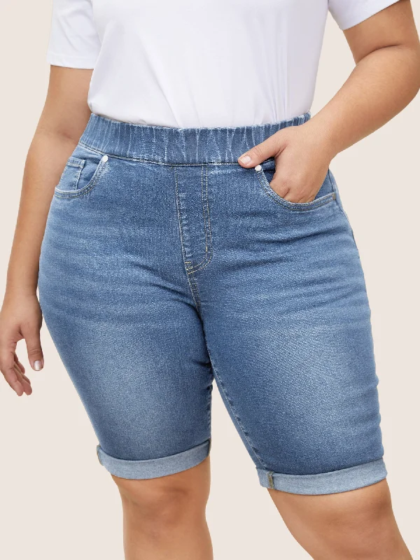 Roll Hem Elastic Waist Dark Wash Denim Shorts