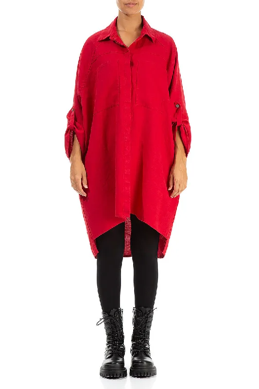 Wide Loose Red Linen Shirt